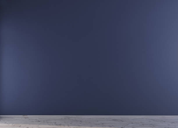 istock Empty dark blue wall mockup design with wooden floor, 3d render 2039761000