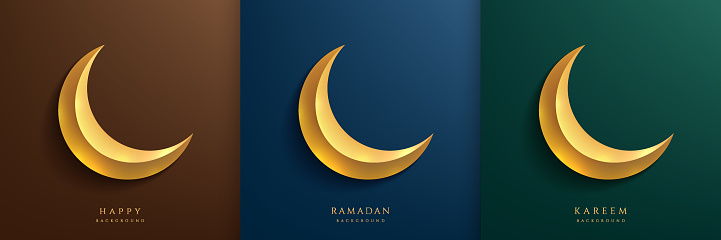 Set of golden moon in Ramadan Kareem festival on green, dark blue and brown background. Islamic greeting card template with Eid al Adha Mubarak for wallpaper, Poster, Media banner, card. Vector EPS10