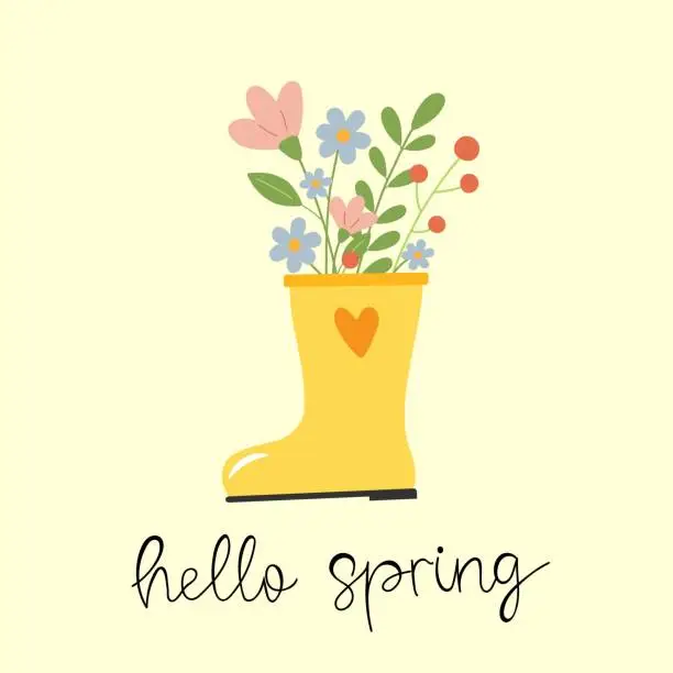 Vector illustration of hello spring card with flowers.