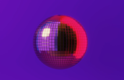 Disco ball on purple background. Horizontal composition.
