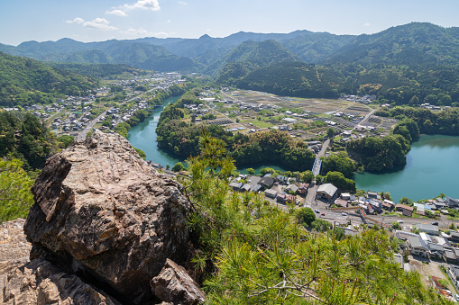 View of Hida River and viewing rock of Mt. Tomiyama (Kawabe Town, Gifu Prefecture)\n\nThis view is called Gifu's Grand Canyon.