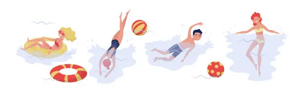 Vector illustration of People Characters Splashing in Sea Water and Swimming Vector Set