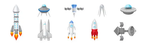 Vector illustration of Space Discovery Object with Shuttle and Rocket for Universe Exploration Vector Set
