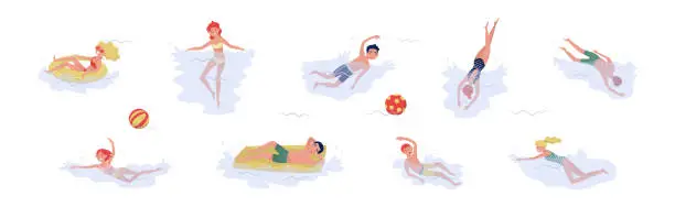 Vector illustration of People Characters Splashing in Sea Water and Swimming Vector Set