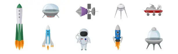Vector illustration of Space Discovery Object with Shuttle, Astronaut and Rocket for Universe Exploration Vector Set
