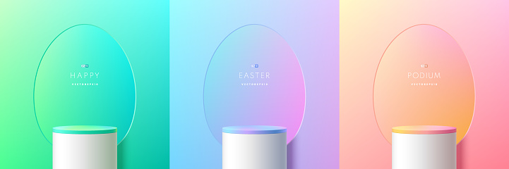 Set of 3D happy easter day podium background. Yellow, blue, pink, white podium with window eegg oval shape scene. Platforms mockup product display. Abstract composition minimal design. Stage showcase.