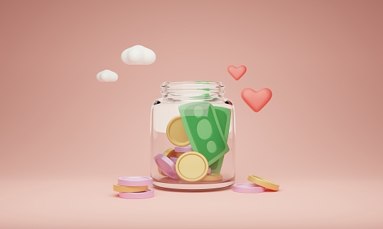 Charity donation jar filled with money, 3D illustration concept. Raising funds for community support and providing financial help. Giving hope and love by positive contribution. Social awareness act.