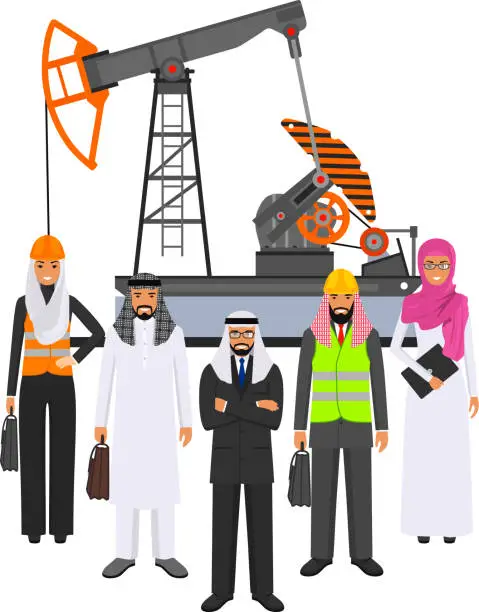 Vector illustration of Arab Muslim Businessman in Traditional National Clothes, Engineer in Work Uniform and Safety Helmet and Oil Pump in Flat Style. Vector Illustration