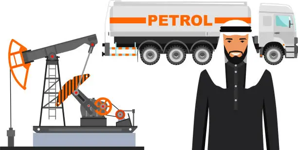 Vector illustration of Arab Muslim Businessman in Traditional National Clothes, Gasoline Truck and Oil Pump in Flat Style. Vector Illustration.