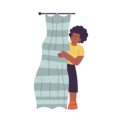 Little Girl Playing Hide and Seek Game Standing Behind Shower Curtains Vector Illustration. Funny Playful Kid Enjoying Recreation Activity
