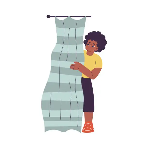 Vector illustration of Little Girl Playing Hide and Seek Game Standing Behind Shower Curtains Vector Illustration