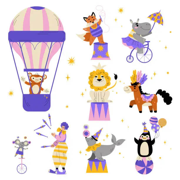 Vector illustration of Circus Animals and Clown Performing Tricks and Juggling Vector Set