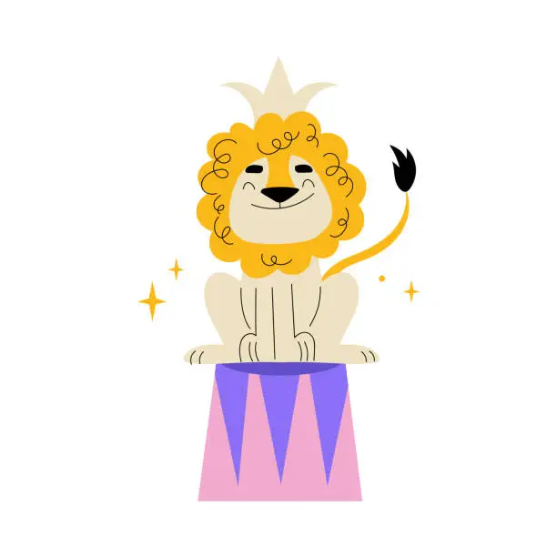 Vector illustration of Circus Lion Animal Sitting on Drum Wear Crown Vector Illustration