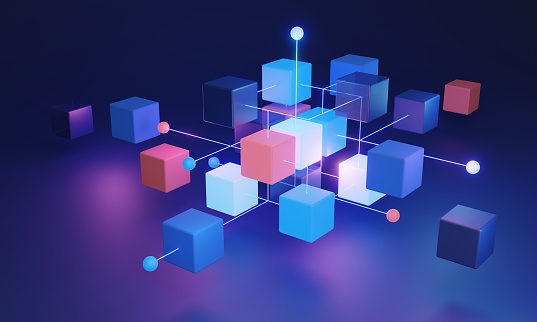 Decentralized blockchain system 3D concept, utilizing algorithmic technology and a distributed network for secure data clustering. Highly secure and reliable network for data storage and distribution.