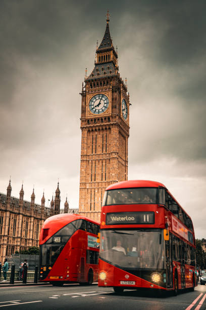 des monuments emblématiques et des moyens de transport emblématiques s’entrechoquent à londres, en angleterre - semaine de la mode de londres photos et images de collection