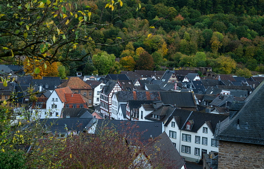 Elevated panoramic view over beautiful German Autumn Landscape in the Franconian Switzerland (Fränkische Schweiz).