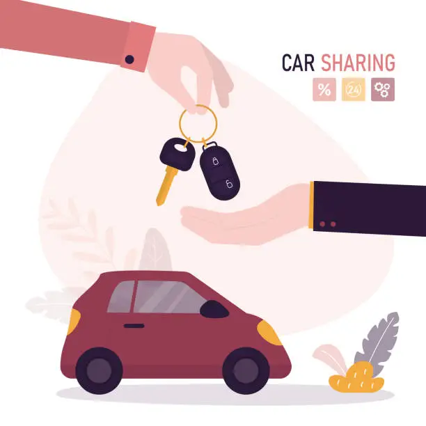 Vector illustration of Car sharing, concept banner. Buy or rent new or used modern car. Dealer hand gives the key chain to the buyer. Sale and leasing cars