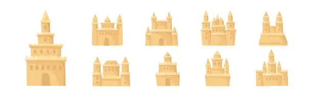 Vector illustration of Built Sand Castle with Towers and Castellation Wall Vector Set