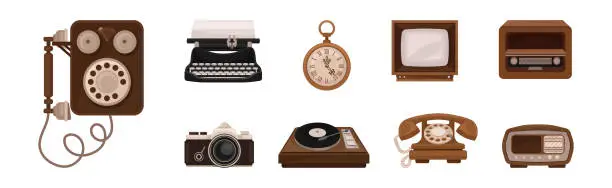 Vector illustration of Retro Electronic Device with Telephone, Camera, Clock, Television and Typewriter Vector Set