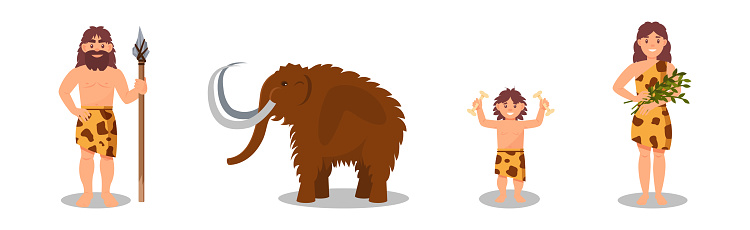 Stone Age People in Animal Skin with Mammoth Animal Vector Set. Primitive Prehistoric Life