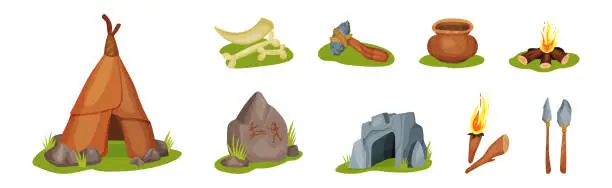 Vector illustration of Stone Age Objects with Fire, Tent, Cave, Bowl and Weapon Vector Set