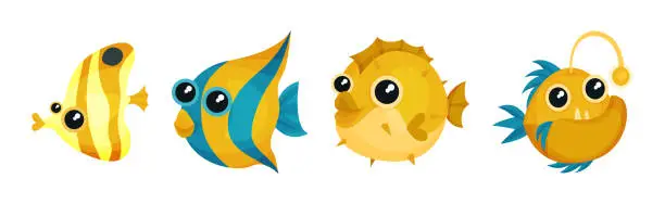 Vector illustration of Cute Striped Fish and Blowfish as Sea Animal Floating Underwater Vector Set