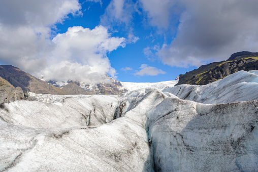 View over the Svinafellsjokull glacier in Skaftafell National Park, Iceland during a beautiful summer day.