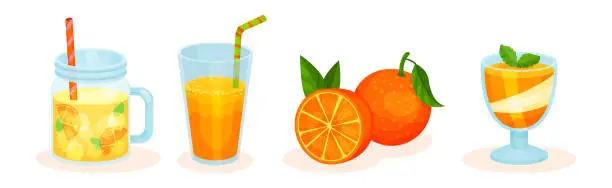 Vector illustration of Orange Food with Juice Glass, Lemonade Jar and Pudding Vector Set