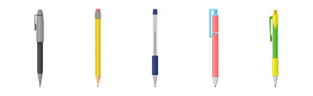 Vector illustration of Pen and Pencil as Writing Instrument with Ink and Core Vector Set