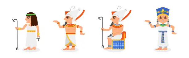 Vector illustration of Egyptian Man and Woman Pharaoh Characters Wearing Authentic Garment Vector Set