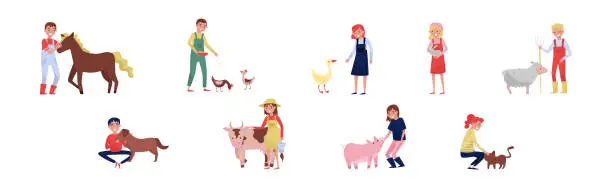 Vector illustration of Male and Female Farmer Character Care of Livestock Breeding Vector Set