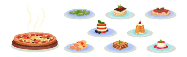 Vector illustration of Italian Food and Dish Served on Plates Vector Set