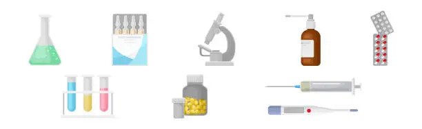 Vector illustration of Medicine with Thermometer, Syringe, Ampoule, Spray Bottle, Flask and Pills in Blister Pack Vector Set