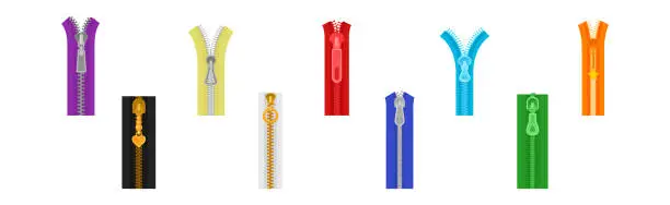 Vector illustration of Metal Zippers for Clothing in Different Colors Vector Set