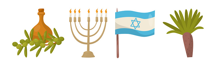 Israeli or Jewish Attributes with Oil Jar, Menorah, Flag and Palm Vector Set. National Symbols of Israel Culture Concept