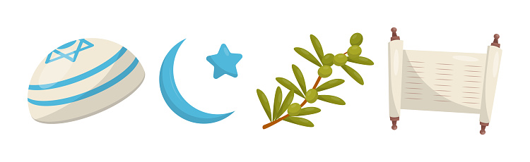 Israeli or Jewish Attributes with Kippah, Scroll, Olive Branch and Crescent with Star Vector Set. National Symbols of Israel Culture Concept