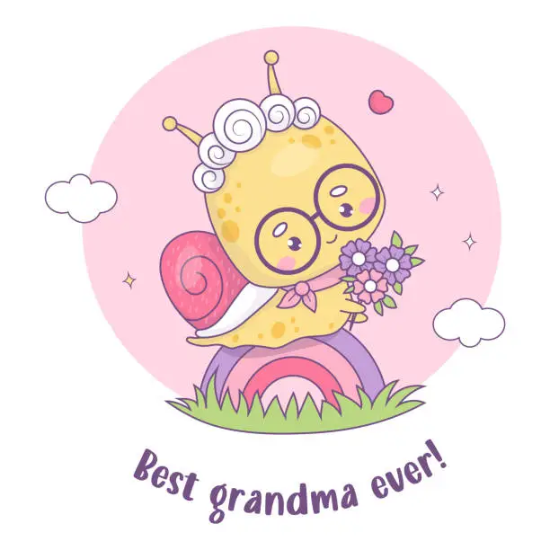 Vector illustration of Cute snail elderly lady granny with flowers on rainbow. Happy insect character old woman with gray-haired hairstyle. Vector illustration. Holiday greeting card for your dear beloved grandmother.