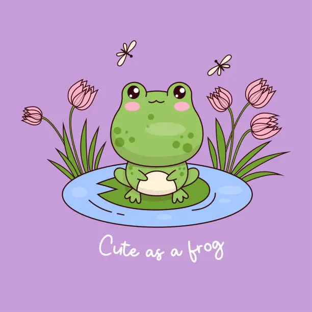 Vector illustration of Cute frog sits on leaf in water with flowers and flies. Animal kawaii character. Vector illustration. Cool card with funny slogan. Kids collection.