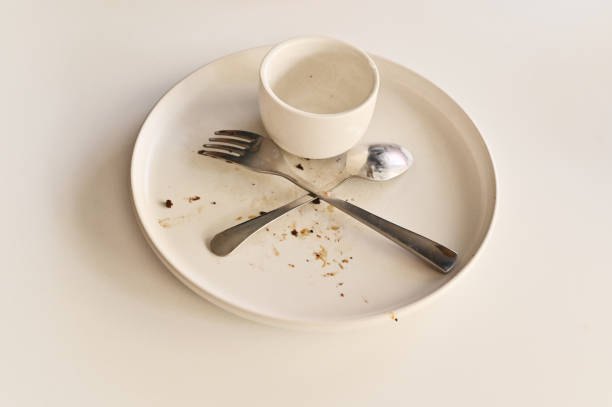 istock dirty dishes, a white plate, a cup and a fork 2039864531