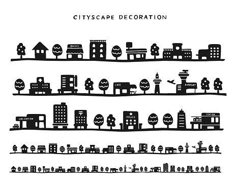 Hand drawn style cityscape illustration.