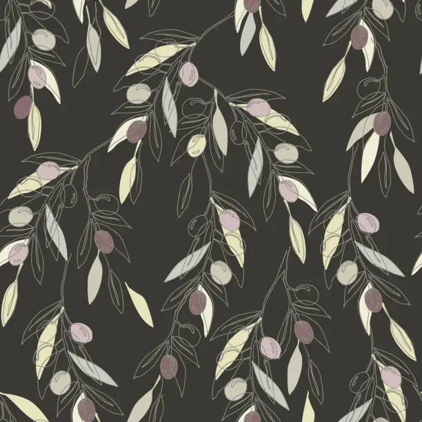 Vector illustration of Elegant olive branches and fruits seamless pattern, continuous line drawing, dark background. Hand drawn floral texture, vector illustration