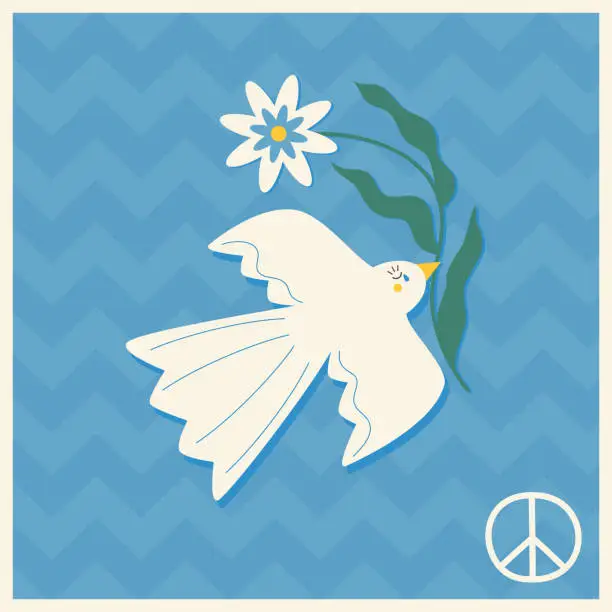 Vector illustration of poster with a peace dove and flowers in its beak