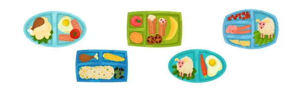 Vector illustration of Meal Tray for Kids with Fresh Appetizing Food in Different Section Above View Vector Set