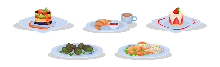 French Food and Traditional Cuisine Dish Vector Set. Served delicious Meal and Dinner