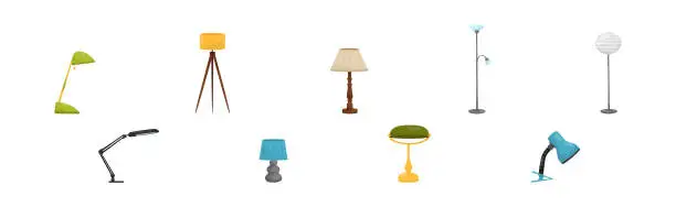 Vector illustration of Different Table and Floor Lamps and Light Home Interior Decor Vector Set