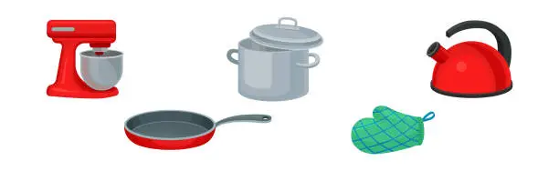Vector illustration of Kitchenware and Utensils with Pot, Frying Pan, Kettle, Glove and Mixer Vector Set