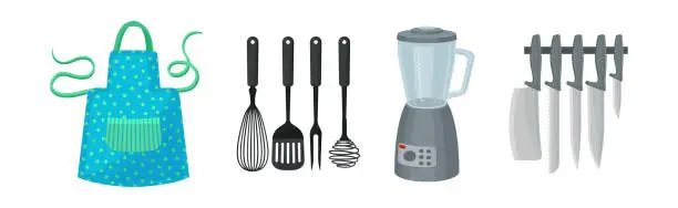 Vector illustration of Kitchenware and Utensils with Apron Wear, Knife, Blender and Spatula Vector Set