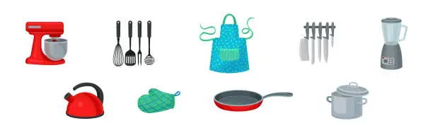 Vector illustration of Kitchenware and Utensils with Pot, Apron, Blender, Frying Pan, Kettle, Glove and Mixer Vector Set