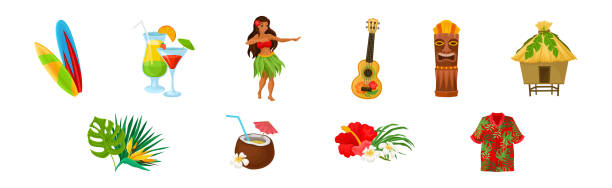 hawaiian tropical objects and attributes vector set - sculpture female dancer wood stock illustrations