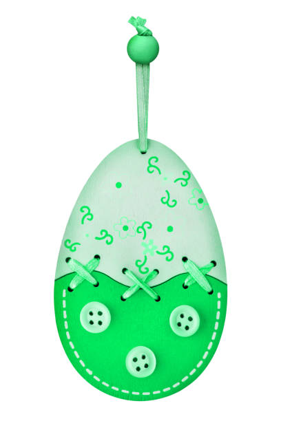 Wooden green Easter decoration egg isolated on white background